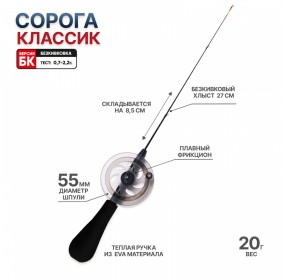 Зимняя безкивковая удочка "Сорога Классик БК" Блэк 0,7 - 2,2г